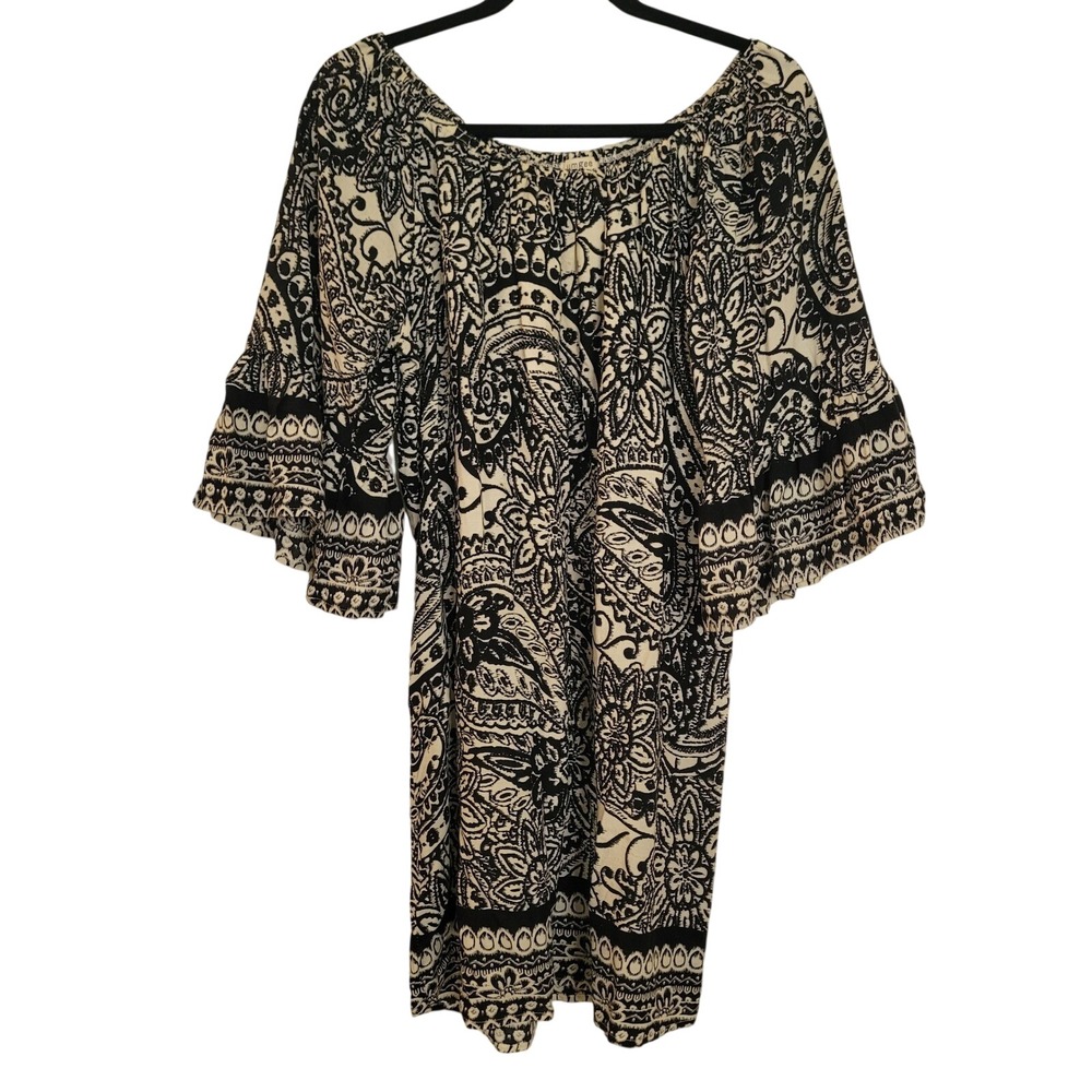 Umgee USA Womens Black White Paisley Off Shoulder Bell Sleeve Shift Dress M Boho